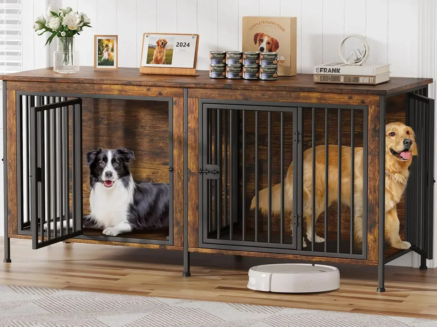 78 Inch Dog Cage Furniture for 2 Dogs, Extra Large Double Dog Crate Furniture Large Breed, XXL Thick Wooden Dog Crate Furniture