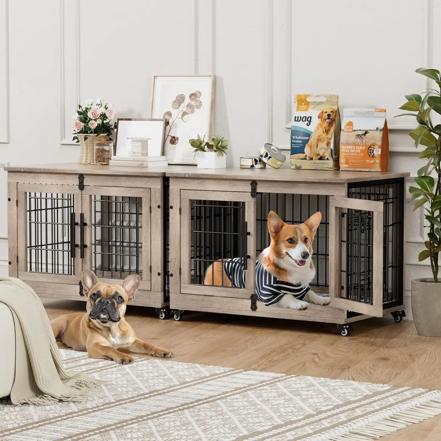 Dog Crate Furniture with Cushion , Large Wooden Dog Kennel Indoor with Double Doors,  Cage with Wheels, House