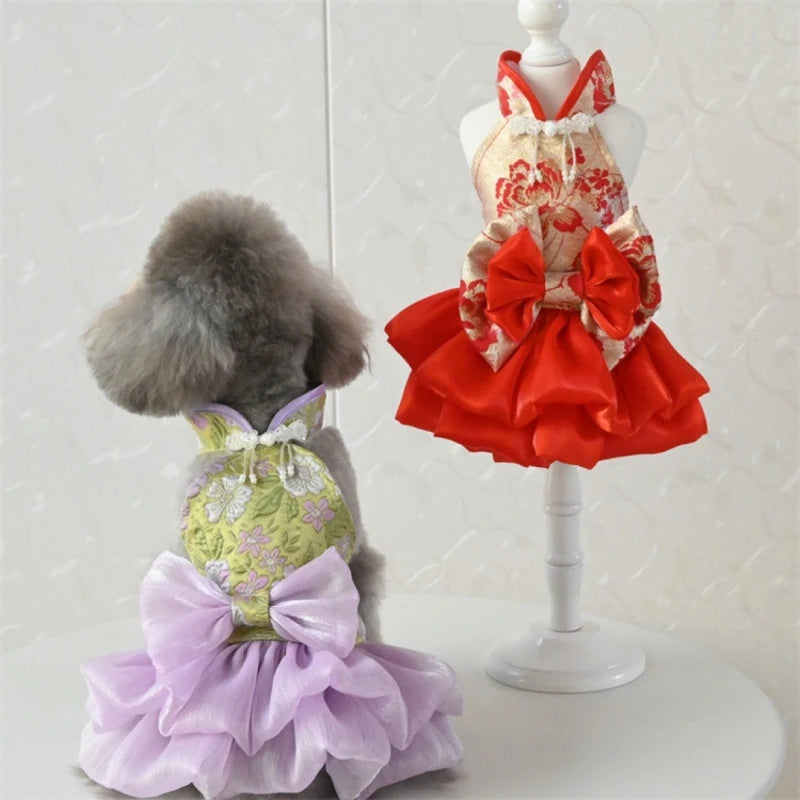 Chinese Style Dog Cheongsam Dress New Year Pet Clothes Tang Suit Puppy Small Dog Costume Dresses Princess Skirt Dog Clothing Xs