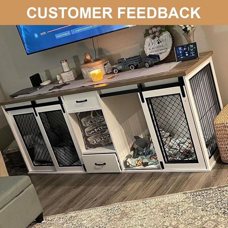 Large Dog Crate Furniture, 85" Sliding Door Double Kennel for 2 Large Dogs Divided, with 4 Dog Bowls and Drawer Indoor, White