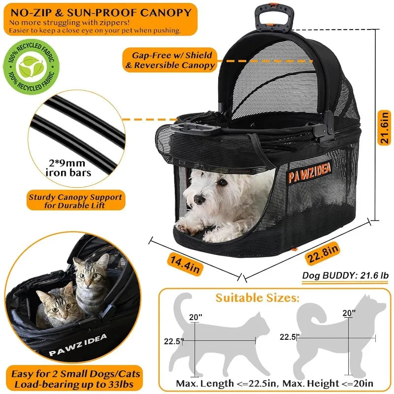 PAWZIDEA Dog Stroller 4 in 1, Pet Stroller for Cats with Detachable Carrier for Small/Medium Dogs/Cats, Seatbelt Car Seat Combo