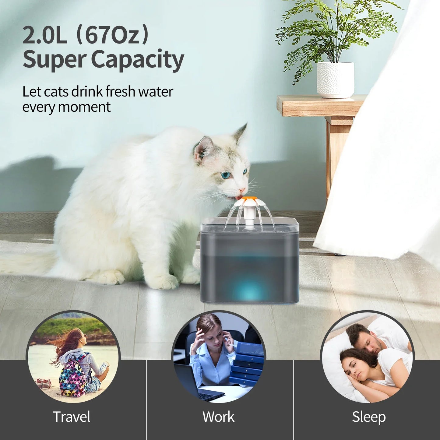 Fontaine à eau pour chat 67oz/2L pour petits chiens de compagnie, distributeur d'eau ultra silencieux avec éclairage LED, boisson automatique