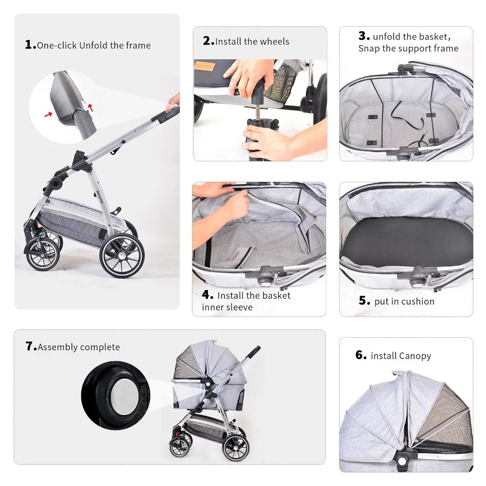 Pet Stroller 3 in 1 Dog Stroller for Medium Small Size Dogs, Large Cat Stroller with Detachable Carrier for Puppies, Doggies