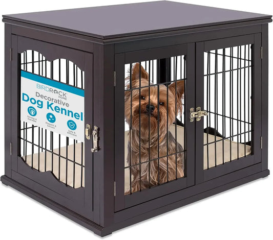 Decorative Dog Kennel with Pet Bed, Small Pet House, Double Door Indoor Crate, Engineered Wood & Wire Furniture, Side Table