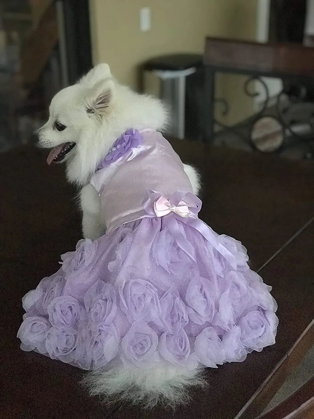 Pet Small Dog Wedding Dress with Bowknot Birthday Party Costume Satin Rose Pearls Girl Formal Dress for Puppy Dog Cat Tutu Dress