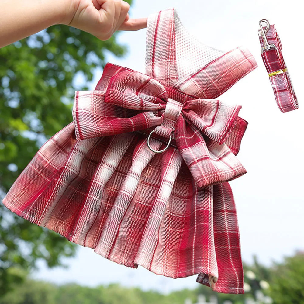 Cute Plaid Dog Dress Harness Leash Set Summer Girl Pet Clothes Bowknot Puppy Princess Dress Cat Dog Holiday Party Costume Outfit