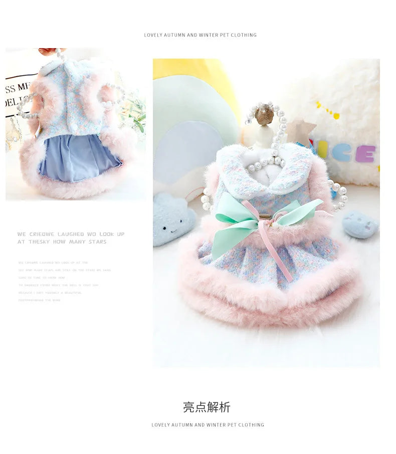 Fashion Soft Plush Pet Dog Clothes Lovely Pink Blue Winter Warm Princess Dress For Small Medium Dogs Poodle Puppy Dog Dresses