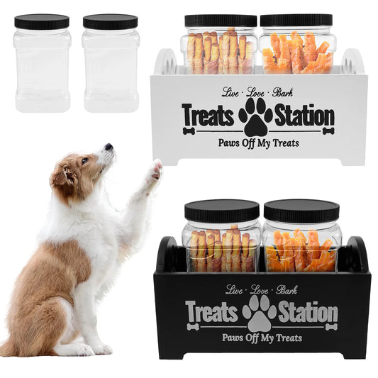 Pet Feed Storage Container Wood Dog Food Storage Organizer with 2 Plastic Jars Cat Treat Container for Pet Owners and Lovers