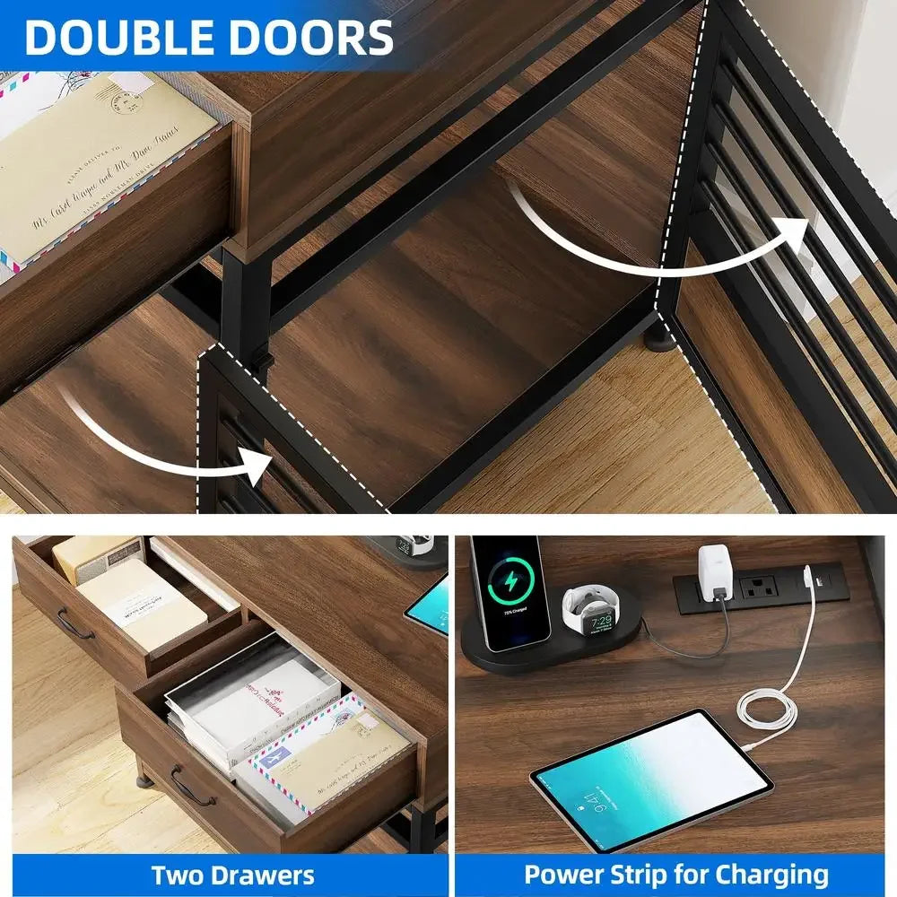 Pet Crate Furniture with Storage Shelves Drawers Charging Station