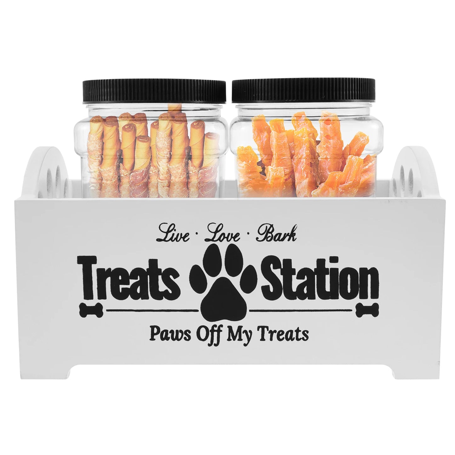 Pet Feed Storage Container Wood Dog Food Storage Organizer with 2 Plastic Jars Cat Treat Container for Pet Owners and Lovers