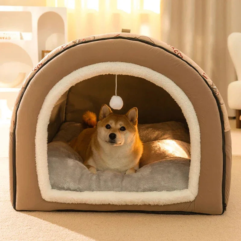 1PC Dog Cave 2 in 1 Detachable Covered Cat Bed with Ball Pendant Cat Hideaway House, Warm Washable Cozy Dog Beds for Large Dogs