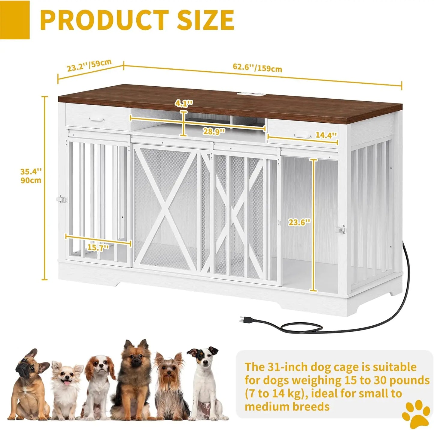 YITAHOME 63 Inch Double Dog Crate TV Stand with Charging Station, Heavy Duty Wooden Dog Crate Furniture for 2 Dogs, Dog Kennel I