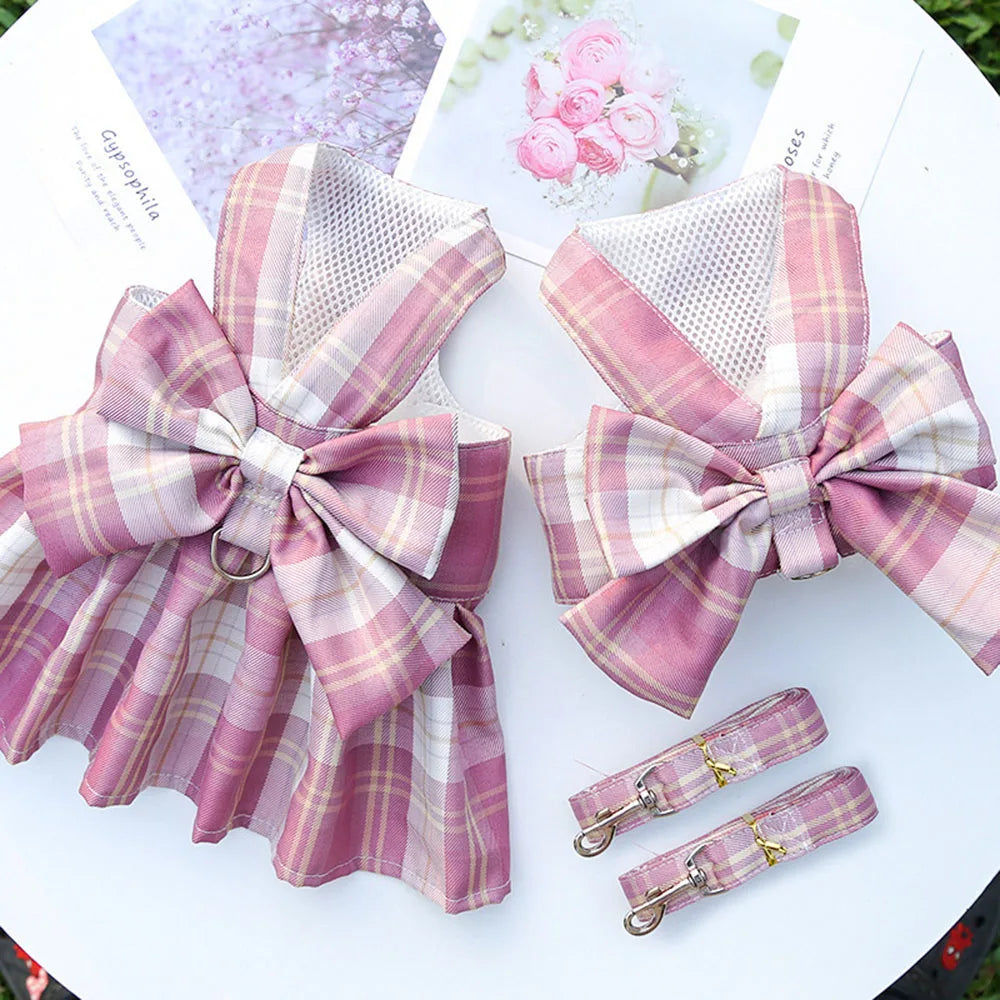 Dog Dresses for Small Dogs Girl Plaid Dog Dress Bow Tie Harness Leash Set Puppy Cute Bow Skirt Pet Outfits Yorkie Accessories