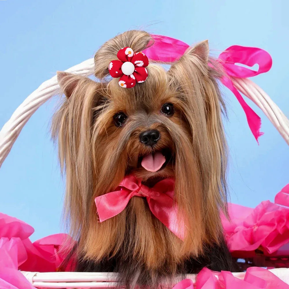 10/20pcs Flower Dog Hair Bow Red Style Valentine's Day Decorate Dog Bowknot with Rubber Bands for Small Dog Puppy Accessories