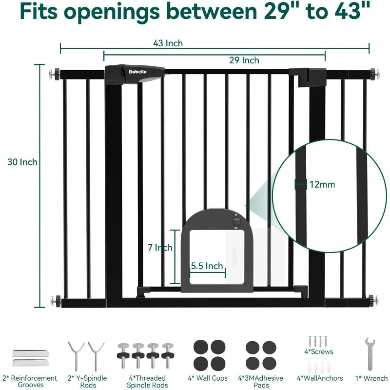 Baby Gate with Adjustable Cat Door, 29-43" Auto Close Durable Dog Gate for Stairs, Doorways and House,