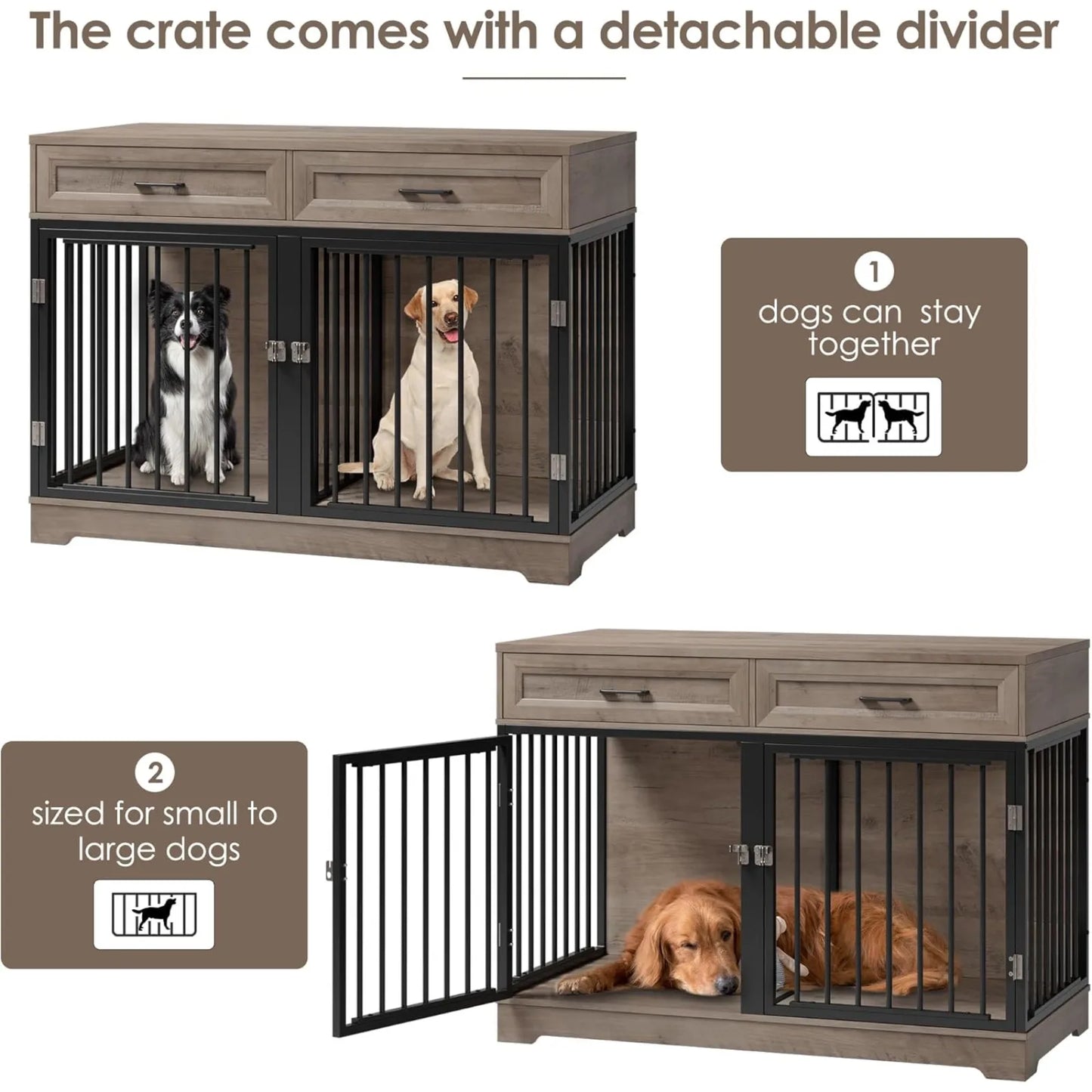 US Dog Crate Furniture 47" Wooden Dog Kennels for Dogs Indoor with a Removable Divider for Large/Medium/Small Dogs