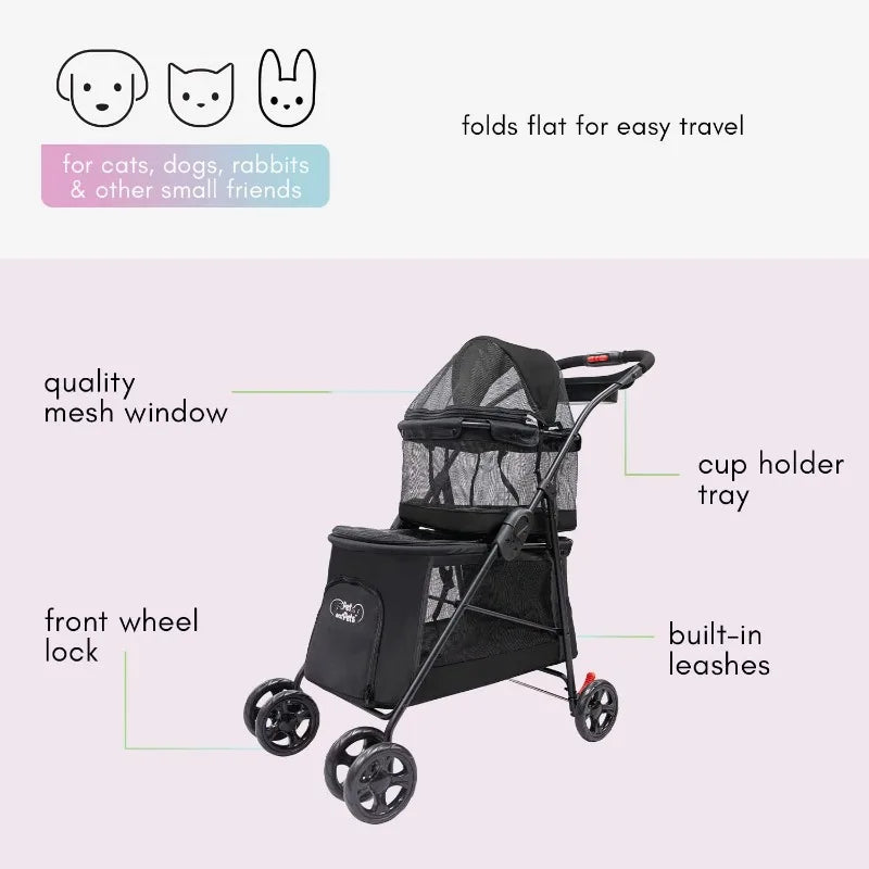 Double Decker Pet Stroller Black Dual Bassinets for Multiple Pets Removable Pee Pads Adjustable Leashes Mesh Windows