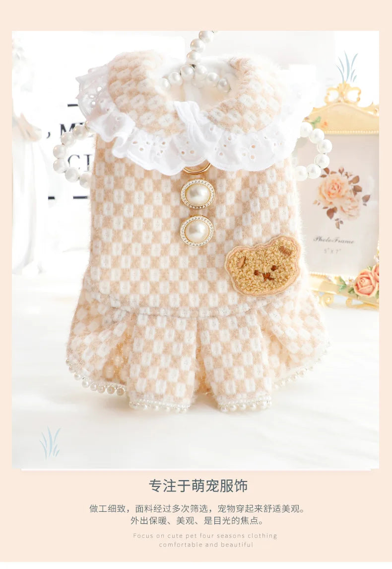 Pet Clothing Autumn Winter Dress Cat Dog Princess Dress Light Coffee Pearl Lapel Dress Small and Medium-sized Dogs Clothing