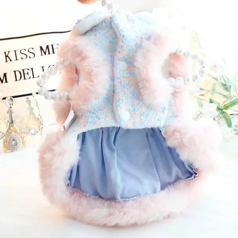 Fashion Soft Plush Pet Dog Clothes Lovely Pink Blue Winter Warm Princess Dress For Small Medium Dogs Poodle Puppy Dog Dresses