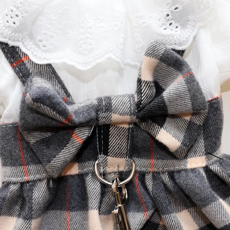 Pet Harness Dress With Leash Set Princess Dog Dress For Small Dog Fashion Simple Plaid Puppy Dresses With D Ring Clothes Outfits