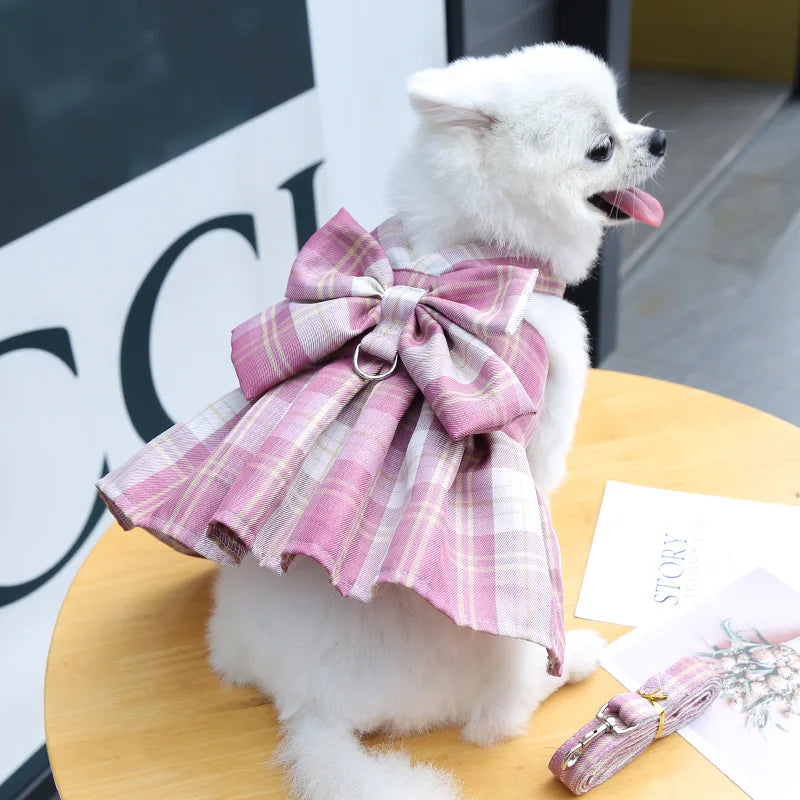 Pet Jk Plaid Dress Dog Harness and Leash Set Bow Skirt Kitten Puppy Vest Luxury Dog Clothes Chihuahua Dog Outfits Bichon Items