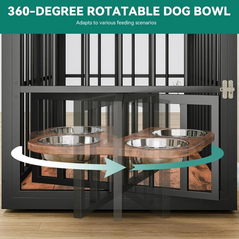 Large Corner Dog Crate Furniture for 2 Dogs 4 Combination Forms Wooden Dog Kennel Dog Bowls & 3 Doors Furniture TV Stand