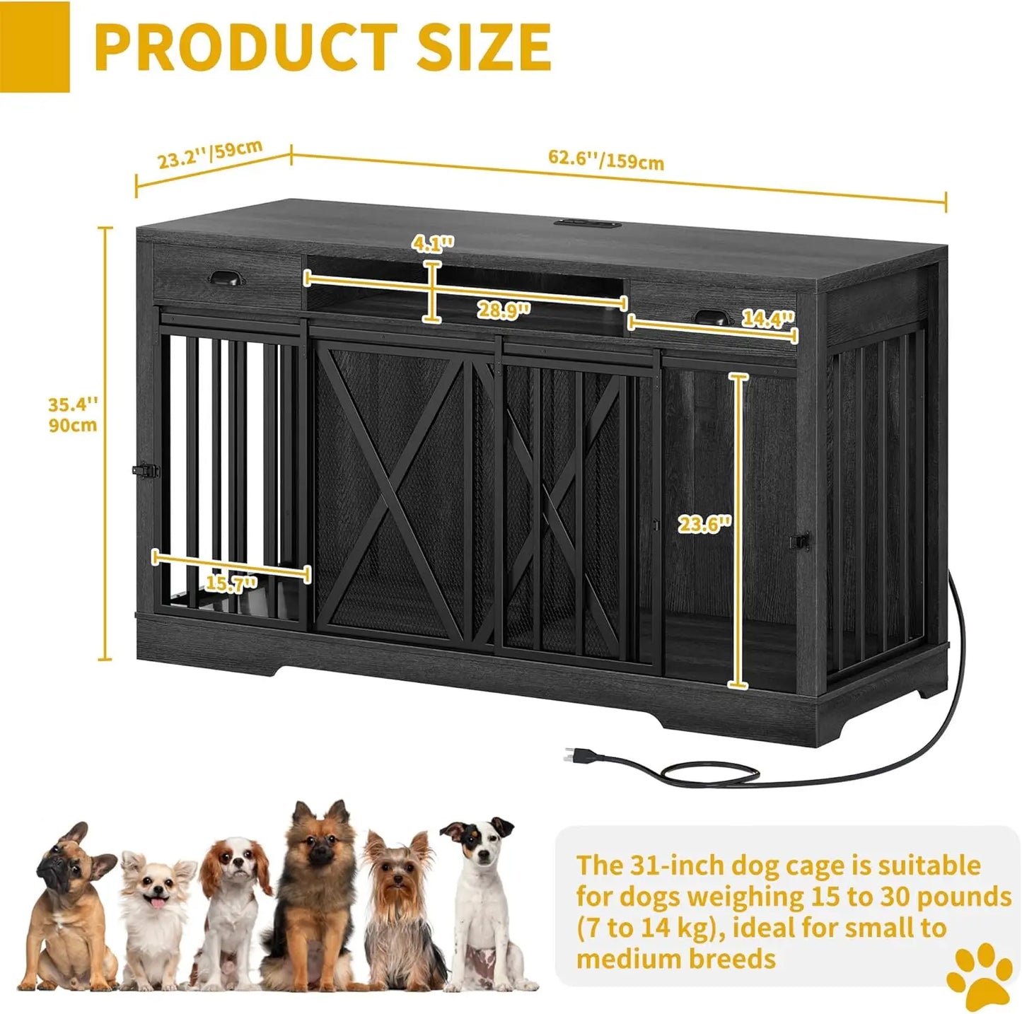 YITAHOME 63 Inch Double Dog Crate TV Stand with Charging Station, Heavy Duty Wooden Dog Crate Furniture for 2 Dogs, Dog Kennel I