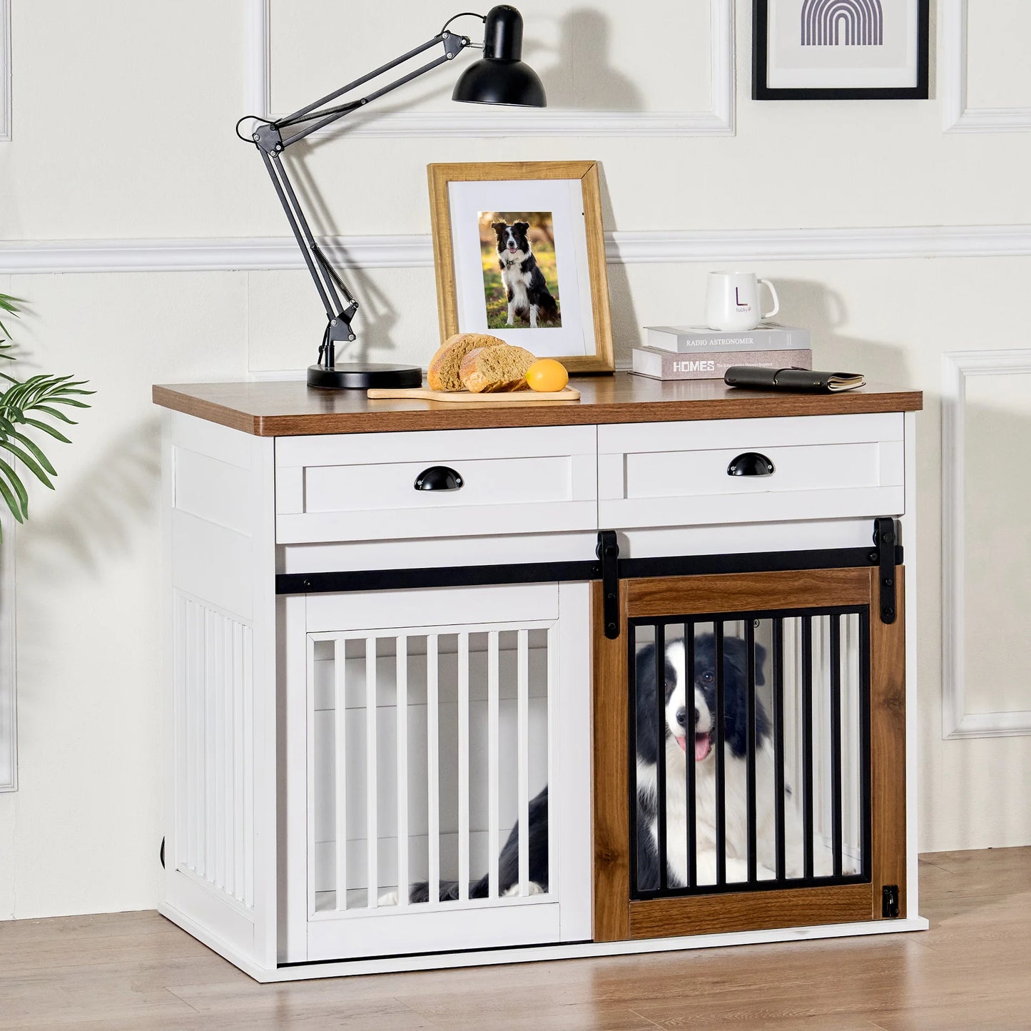 Heavy Duty Furniture Style Dog Crate Two Separate Drawers Large Storage Space Thicken Desktop Wooden Double Door Sideboard