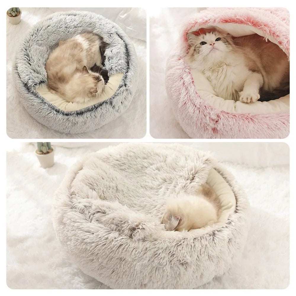 Warm Long Plush Pet Bed Enclosed Round Cat Cushion Comfortable Sleep Bag Cat Nest Kennel For Small Pet