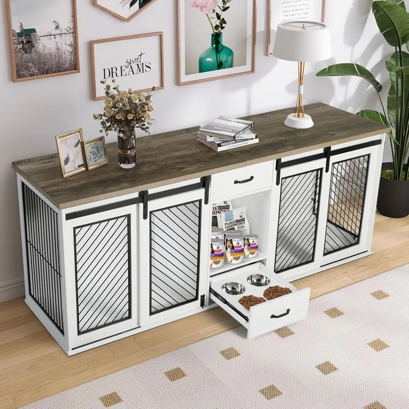 Large Dog Crate Furniture, 85" Sliding Door Double Kennel for 2 Large Dogs Divided, with 4 Dog Bowls and Drawer Indoor, White