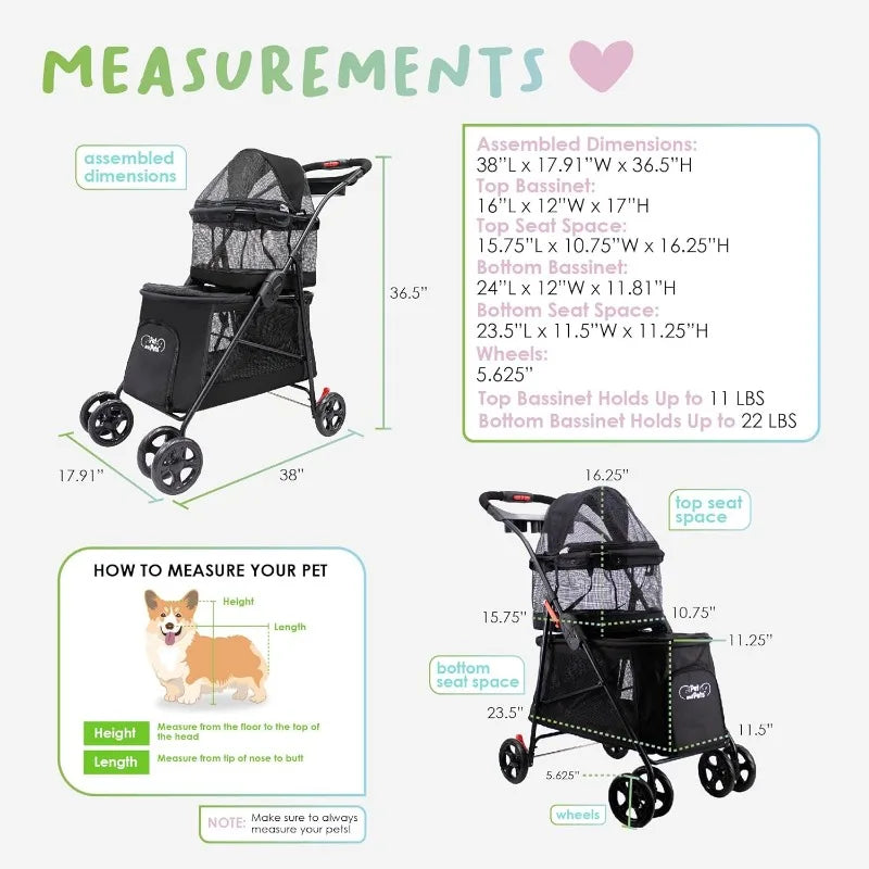 Double Decker Pet Stroller Black Dual Bassinets for Multiple Pets Removable Pee Pads Adjustable Leashes Mesh Windows