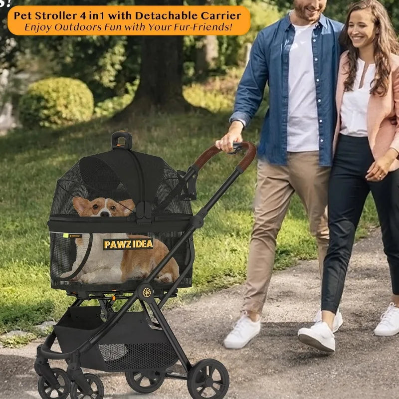 PAWZIDEA Dog Stroller 4 in 1, Pet Stroller for Cats with Detachable Carrier for Small/Medium Dogs/Cats, Seatbelt Car Seat Combo