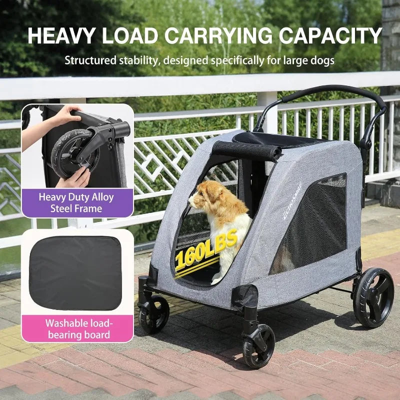 XL Extra Large Dog Stroller Adjustable Handles Lightweight Folding Pet Stroller All-Terrain 4 Wheel for 2 Medium Dogs