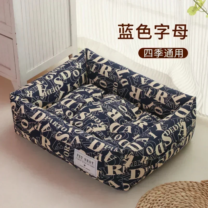 Plaid Printing Soft Removable&Washable Dog Bed Fabric Skin-Friendly Cotton&Linen Breathable Pet Sofa Square Cat Litte Dog Bed