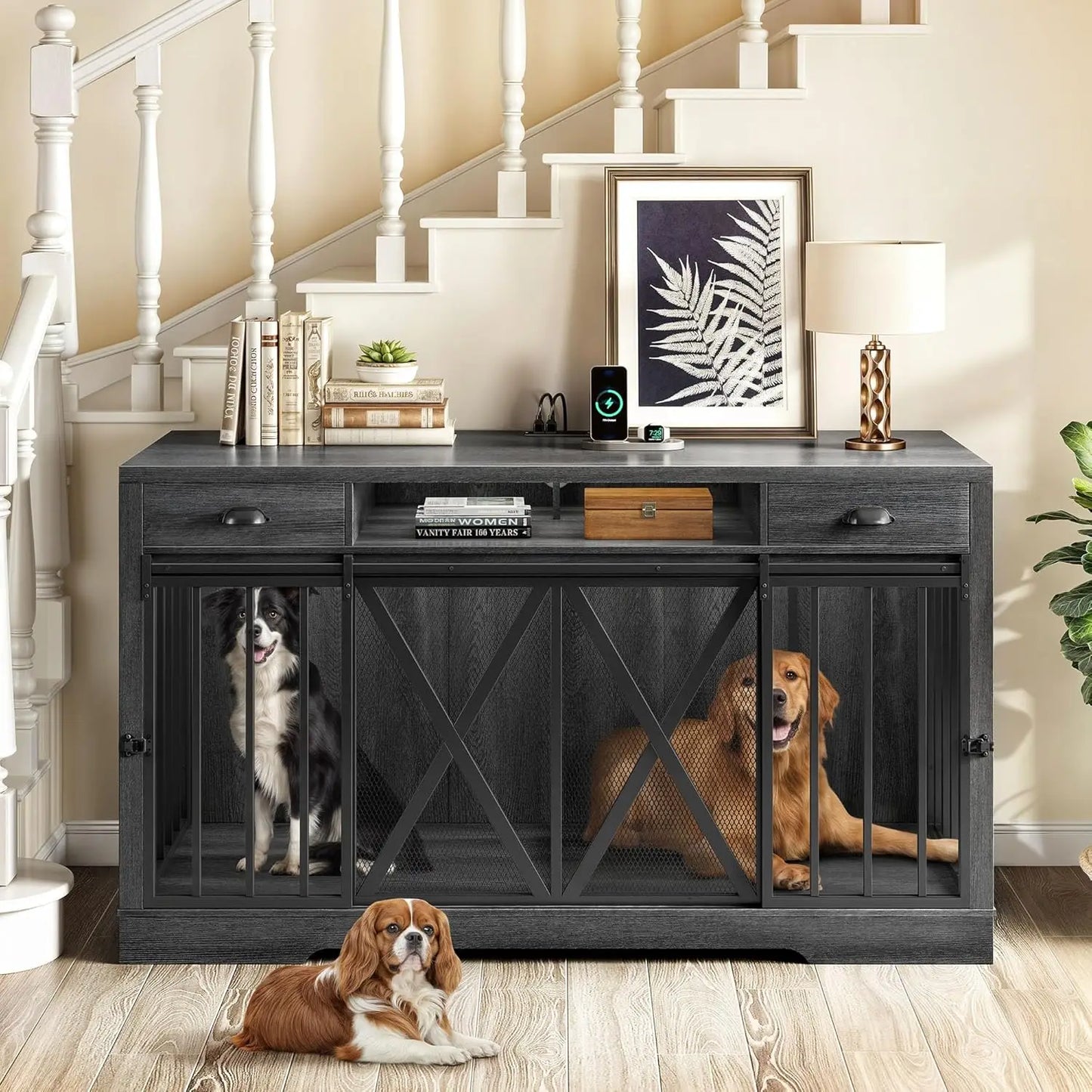 YITAHOME 63 Inch Double Dog Crate TV Stand with Charging Station, Heavy Duty Wooden Dog Crate Furniture for 2 Dogs, Dog Kennel I