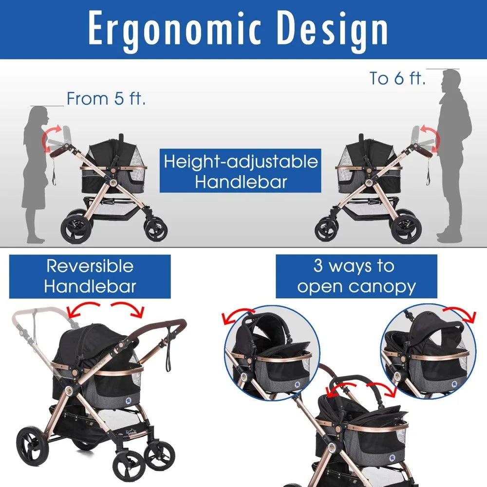 Pet Rover Prime 3-in-1 Luxury Dog/Cat Stroller (Travel Carrier + Car Seat +Stroller) with Detach Carrier/Pump-Free Rubber Tires