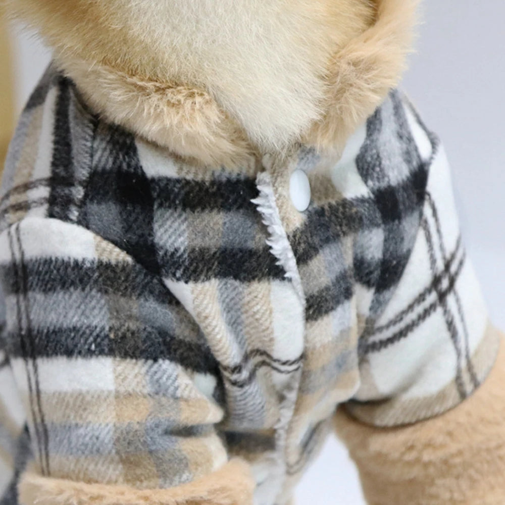 Winter Pet Jacket Clothes Grid Warm Small Dogs Clothing With Fur Collar Cotton Pet Outfits French Bulldog Coat Vest Chihuahua