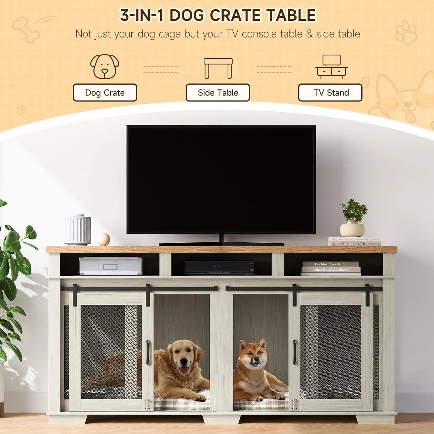 71" Dog Crate Furniture, Extra Large Wooden Double Dog Crate , Furniture Style Dog Crate Table Indoor TV Stand , White