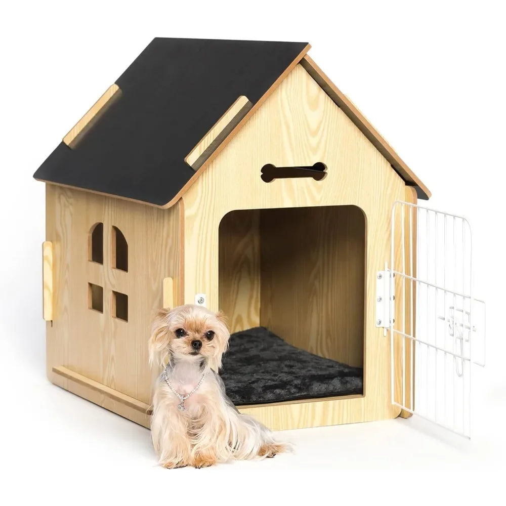 Caseta para perros de diseño de madera cómoda, casa para perros, habitación pequeña para interiores, cueva para perros con rejillas de ventilación y piso elevado para mantener el calor, jaula