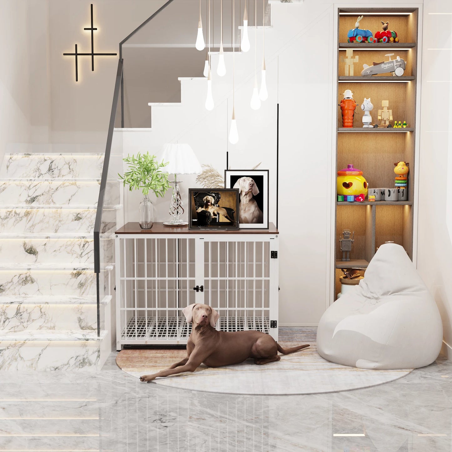 Furniture Style Dog Crate White Pet Kennel Black Cage End Table with Three Doors and Removable Tray, for Small Medium Large Dogs