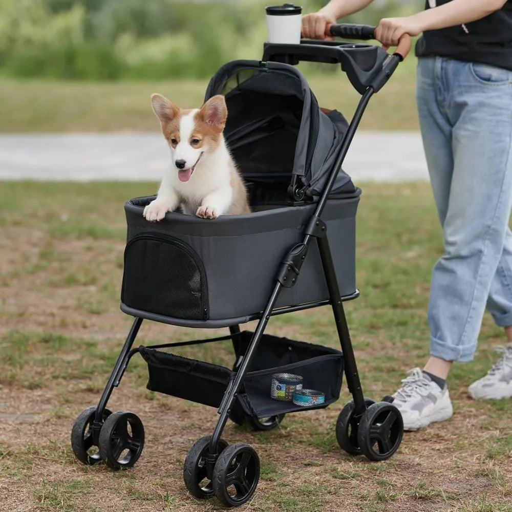 3 in 1 Folding Dog Stroller,Pet Folding Stroller,4 Wheels Dog/Cat Puppy Stroller w/Removable Travel Carrier for Small/Medium Pet