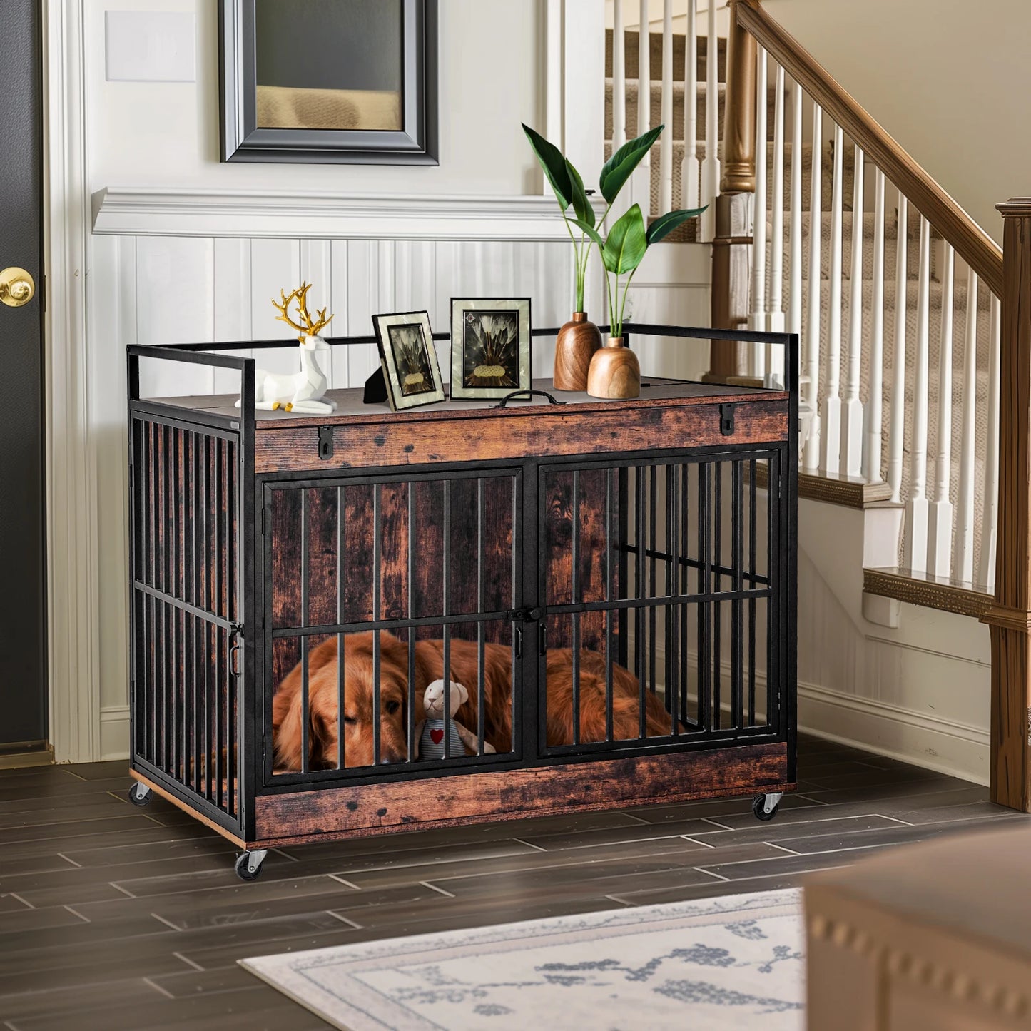 Redlife Dog Crate Furniture End Table Dog Kennel Indoor Heavy Duty Dog House w/ Wheels Feeder Bowls Flip Top 43.7 x 30 x 37.8 in