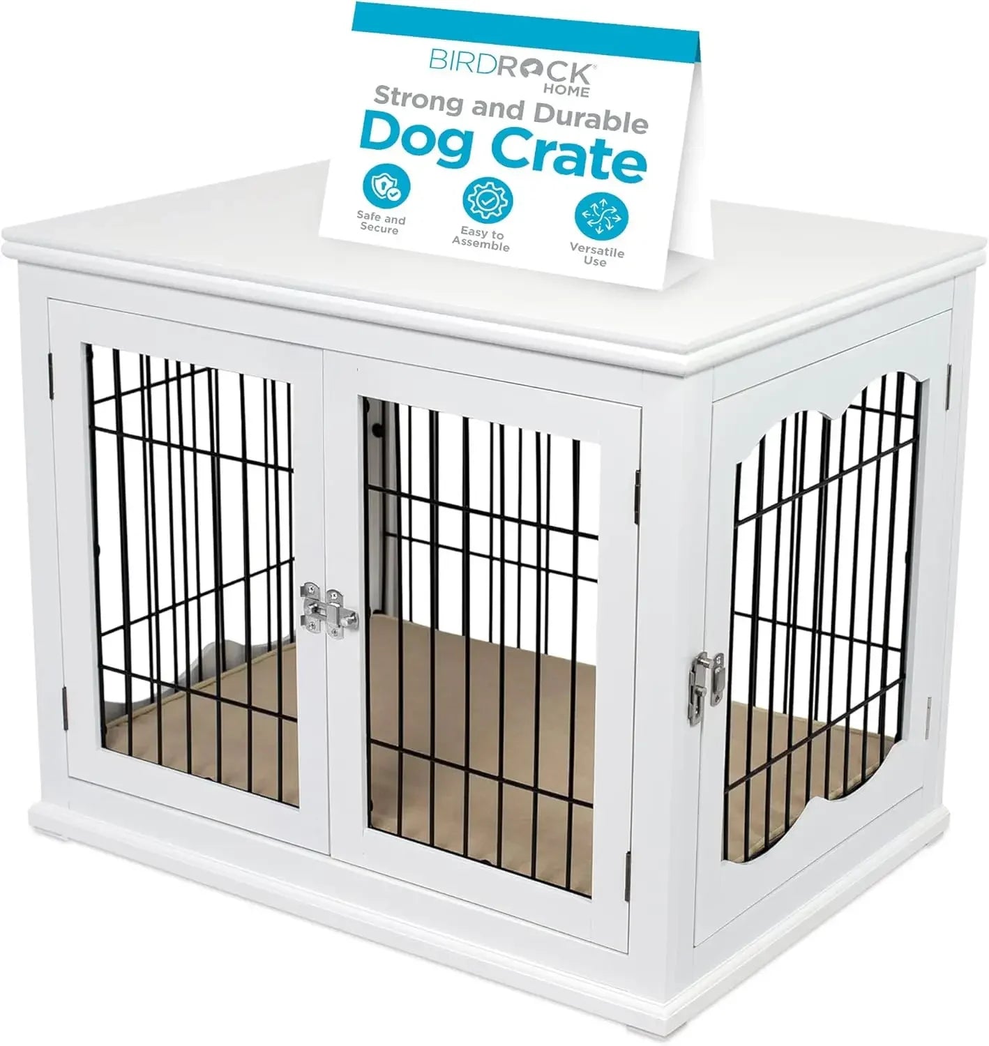 Decorative Dog Kennel with Pet Bed, Small Pet House, Double Door Indoor Crate, Engineered Wood & Wire Furniture, Side Table