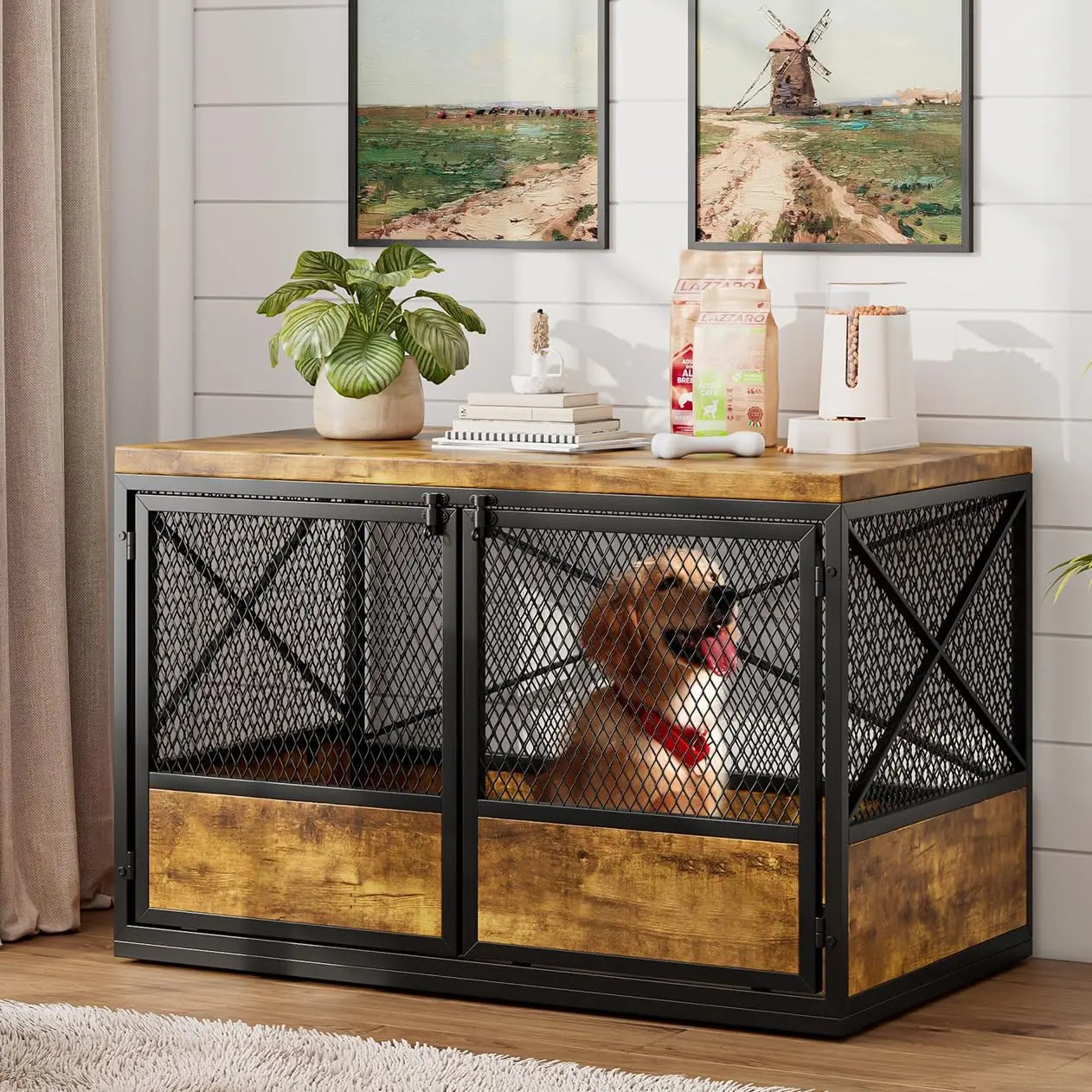 Heavy Duty Large Dog Crate Furniture, 38 Inch Wooden Dog Crate with Double Doors, Indoor Dog Kennel Furniture, Decorative Pet