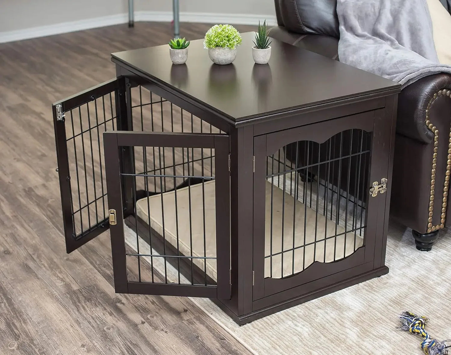 Decorative Dog Kennel with Pet Bed, Small Pet House, Double Door Indoor Crate, Engineered Wood & Wire Furniture, Side Table