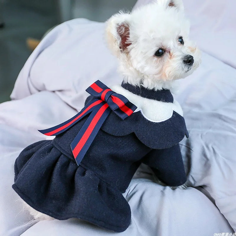 1PC Pet Clothes Cat Autumn/Winter Thickened Petal Collar Bow Princess Dress Navy Blue Suitable for Small and Medium Dogs