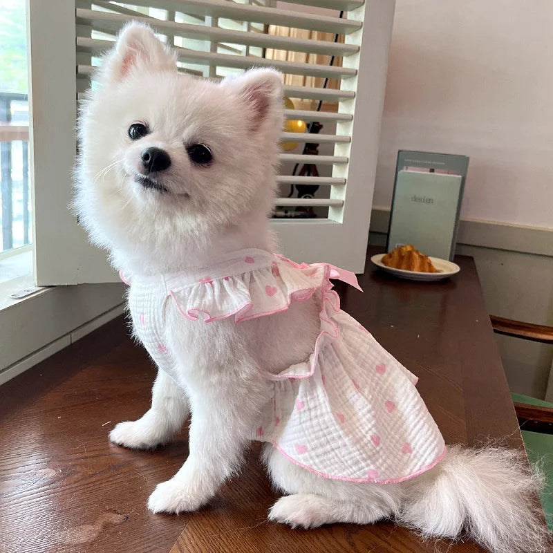 Summer  Dog Cooling Dress Thin Bow Heart Print Dog Clothes Pet Skirt Kitten Puppy Costume Chihuahua Bichon Yorkie Girls Dog Vest