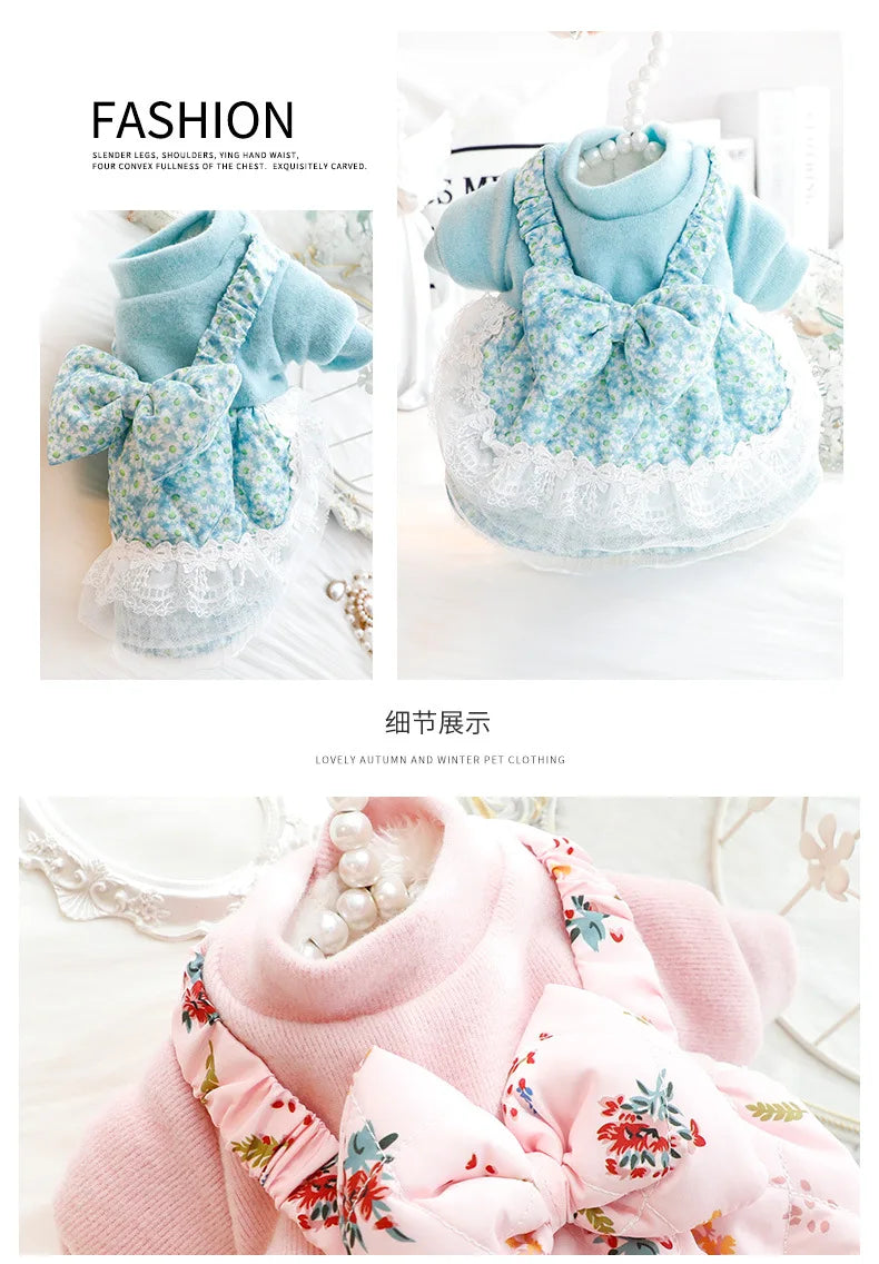 Vêtements pour chiens automne hiver robe chat princesse jupe rose bleu nœud papillon floral vêtements rembourrés en coton vêtements chauds pour animaux de compagnie