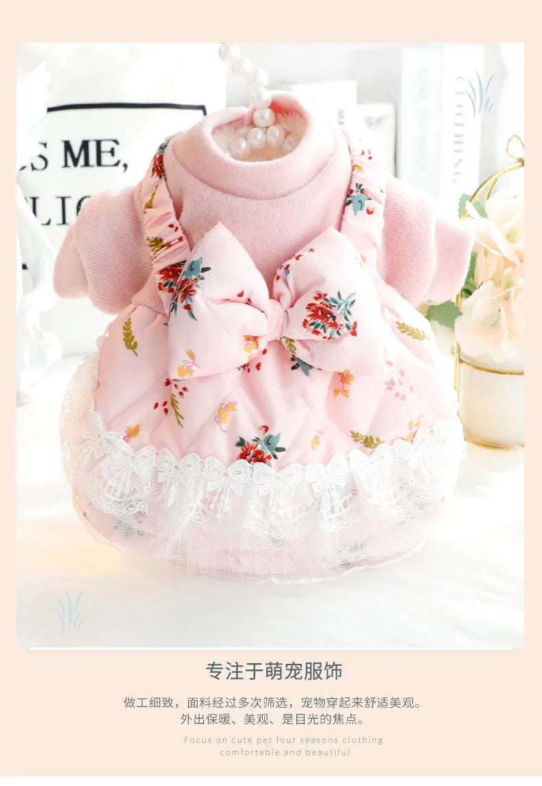 Vêtements pour chiens automne hiver robe chat princesse jupe rose bleu nœud papillon floral vêtements rembourrés en coton vêtements chauds pour animaux de compagnie