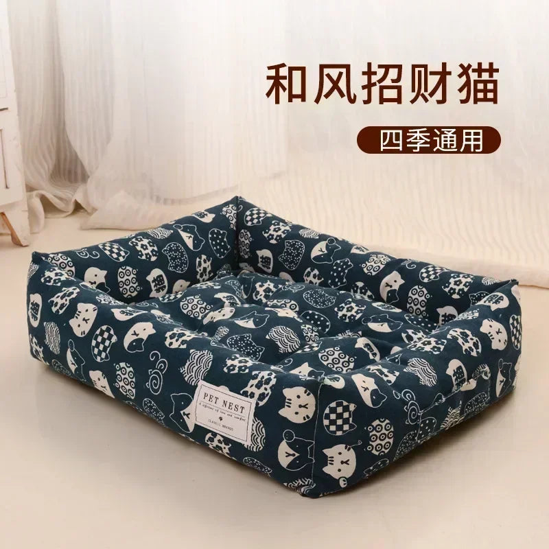 Plaid Printing Soft Removable&Washable Dog Bed Fabric Skin-Friendly Cotton&Linen Breathable Pet Sofa Square Cat Litte Dog Bed